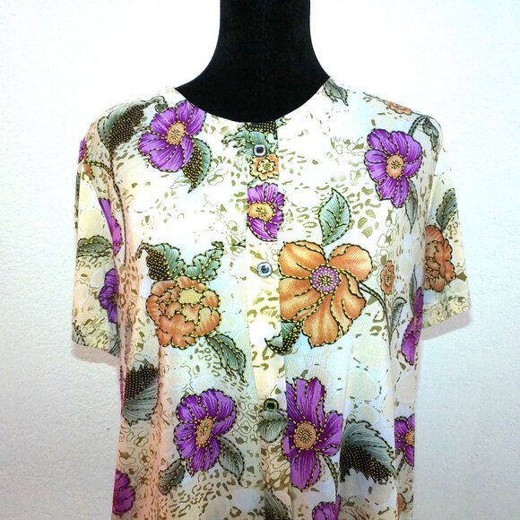 Purple/orange/beige shiny floral T-shirt, with golden glitters details - Picture 5 of 7